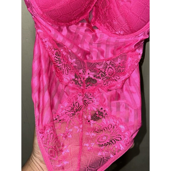 Black Fuchsia Womens Lrg Pink Lace Trim Adjustable Straps Babydoll Lingerie 1pc - Picture 3 of 7
